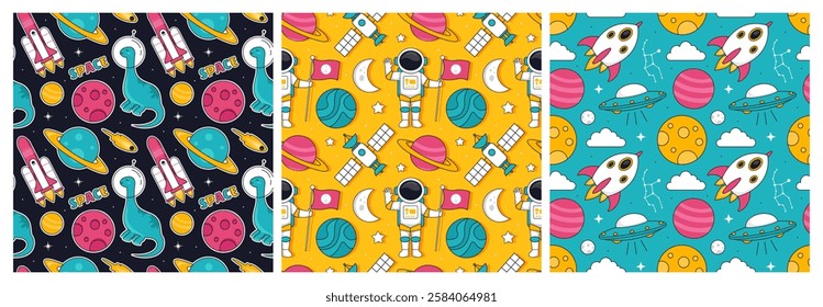 Seamless Pattern of Outer Space Exploration with Floating Rocket and Planets in Cartoon Flat Design Illustration