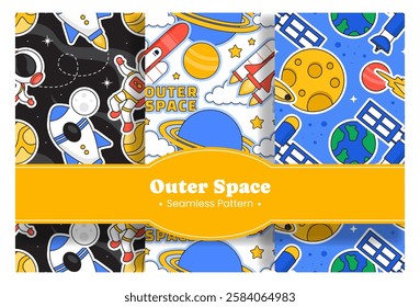 Seamless Pattern of Outer Space Exploration with Floating Rocket and Planets in Cartoon Flat Design Illustration