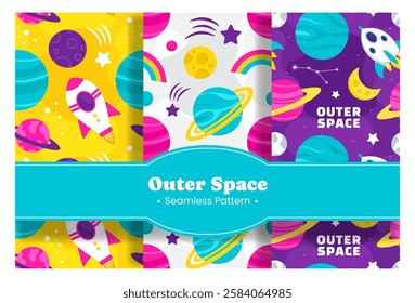 Seamless Pattern of Outer Space Exploration with Floating Rocket and Planets in Cartoon Flat Design Illustration