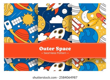 Seamless Pattern of Outer Space Exploration with Floating Rocket and Planets in Cartoon Flat Design Illustration