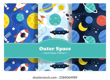 Seamless Pattern of Outer Space Exploration with Floating Rocket and Planets in Cartoon Flat Design Illustration