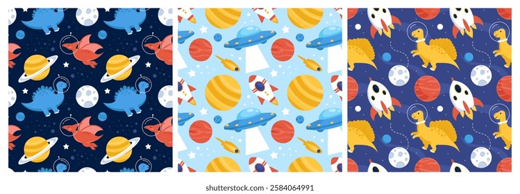 Seamless Pattern of Outer Space Exploration with Floating Rocket and Planets in Cartoon Flat Design Illustration