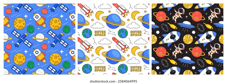 Seamless Pattern of Outer Space Exploration with Floating Rocket and Planets in Cartoon Flat Design Illustration