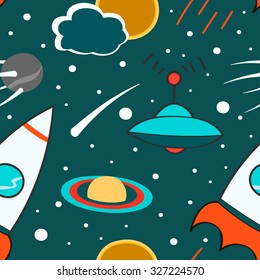 Seamless pattern with outer space, rocket, comet, planets, ufo and stars. Childish background. Hand drawn eps10 vector illustration.