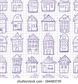 Seamless pattern outine houses in cartoon style on notebook sheet background