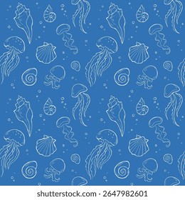 Seamless pattern with outine illustrations of seashells and jellyfish of different shapes on blue background. Vector design with ocean creatures for fabric, packaging, wallpaper, or wrapping paper.