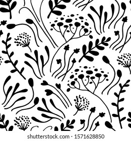 Patrón desenfadado de extravagante línea negra dibujada a mano diferentes hierbas y flores. Montón de flores. Ilustración del vector sobre fondo blanco