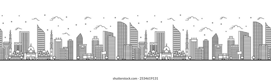 Padrão contínuo com contorno Abu Dhabi United Arab Emirates City Skyline com edifícios modernos isolados em branco. Ilustração de vetor. Paisagem urbana de Abu Dhabi com pontos de referência.