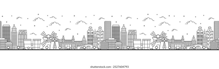 Nahtloses Muster mit Umriss Amsterdam Niederlande Stadt Skyline mit historischen Gebäuden isoliert auf Weiß. Vektorgrafik. Stadtlandschaft von Amsterdam mit Sehenswürdigkeiten.