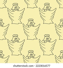 Seamless pattern with the outline of an angel with a halo on yellow background. Print for wallpaper and bed linen.Christmas concept.