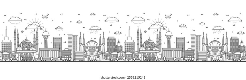 Seamless pattern with Outline Ankara Turkey City Skyline with Historic Buildings Isolated on White. Vector Illustration. Ankara Cityscape with Landmarks.