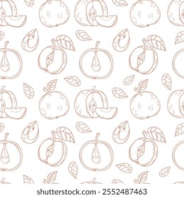 Seamless pattern with outline Apple on white background. Line hand drawing. Vector illustration.