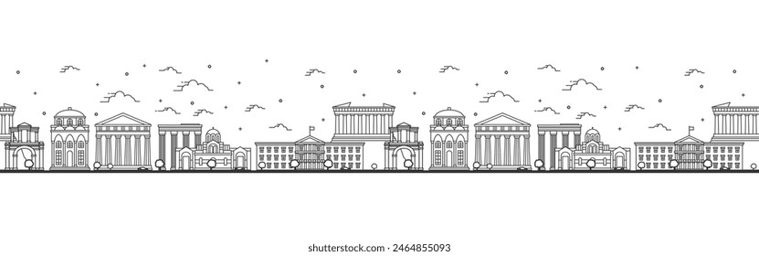 Nahtloses Muster mit Umriss Athen Griechenland Stadt Skyline. Historische Gebäude isoliert auf weiß. Vektorillustration. Athens Stadtbild mit Wahrzeichen. 