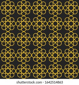 Seamless pattern of outline atom element in orange on top of dark background
