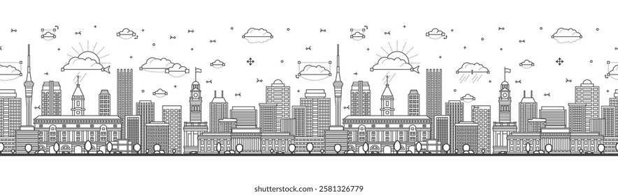 Seamless pattern with Outline Auckland New Zealand city skyline with modern and historic buildings isolated on white. Vector illustration. Auckland cityscape with landmarks.