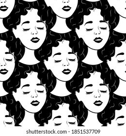 Patrón sin foco con avatares esquemáticos de chicas lindas sobre un fondo blanco. Perfil de una joven frente a frente en un estilo plano. Alegres rostros relajados de la gente.
Ilustración vectorial de stock para diseño
