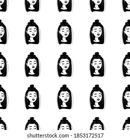 Seamless pattern with outline avatars of modern girls on a white background. Profile of a young woman in front in a flat style. Joyful relaxed faces of people. Stock vector illustration for design