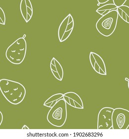 Nahtloses Muster aus Umriss Avocado und Blättern auf grünem Hintergrund. Vektorhintergrund von Avocado-Früchten im Doodle-Stil für Textilien, Drucke, Karten, Packpapier.