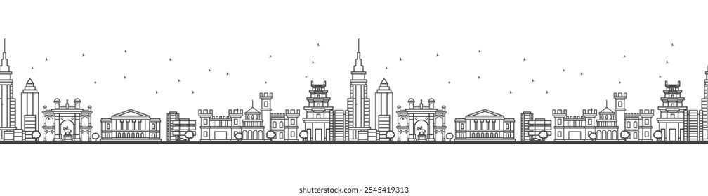 Padrão contínuo com contorno de Bangalore Índia Skyline com edifícios históricos. Ilustração de vetor.