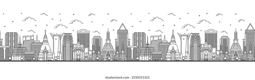 Patrón sin fisuras con el contorno del horizonte de la ciudad de Bangkok Tailandia con edificios modernos e históricos aislados en blanco. Ilustración vectorial. Paisaje urbano de Bangkok con Lugares famosos.