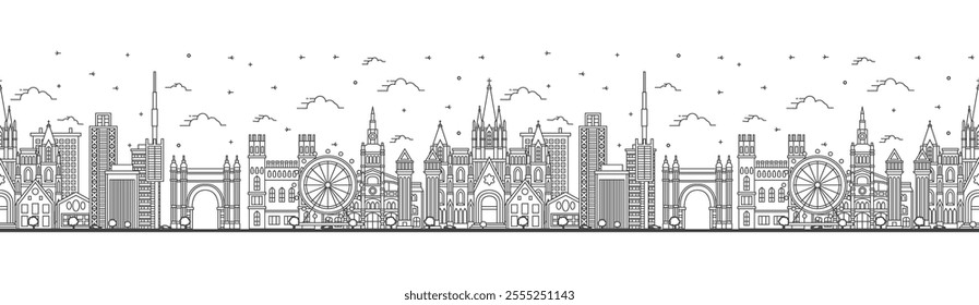 Seamless pattern with Outline Barcelona Spain City Skyline with Historic Buildings Isolated on White. Vector Illustration. Barcelona Cityscape with Landmarks.