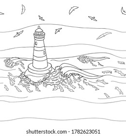 Seamless pattern with outline beacon and seagulls. Marine vector illustration. Hand drawn doodle black and white ocean waves, lighthouse, flying birds. Texture for wallpaper, cards, coloring book