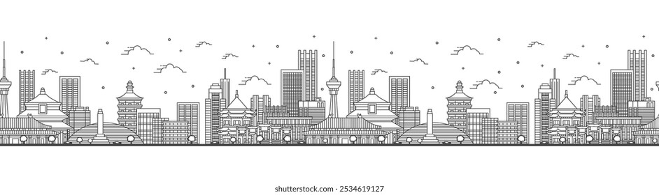 Modelo inconsútil con el horizonte de la ciudad de Beijing China con los edificios modernos aislados en blanco. Ilustración vectorial. Paisaje urbano de Pekín con Lugares famosos. 