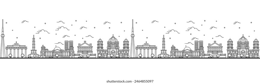 Seamless pattern with outline Berlin Germany City Skyline. Historical Buildings Isolated on White. Vector Illustration. Berlin Cityscape with Landmarks.