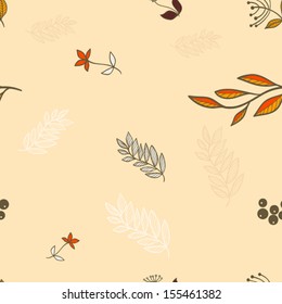 Seamless pattern with outline berries, branches and leaves on light background. Autumn Wallpaper Texture. Digital Or Wrapping Paper.