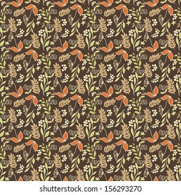 Seamless pattern with outline berries, branches and leaves on brown background. Autumn Wallpaper Texture. Digital Or Wrapping Paper.