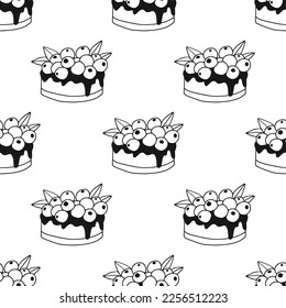Seamless pattern with outline berry cake. Linear minimalist surface with sweet dessert for kitchen textile, fabric, menu design. Black and white line art food elements. Bakery or pastry shop concept