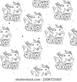 Seamless pattern outline,  black and white character dragons