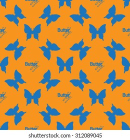 Seamless pattern with outline blue butterflies and exlusive text butterfly on orange background. Vector decorative illustration. 