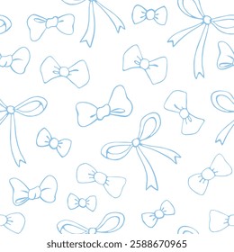 Seamless pattern with outline blue different bows, ribbons. Cute fun simple abstract vector background, texture for fabric, wrapping paper, kids design