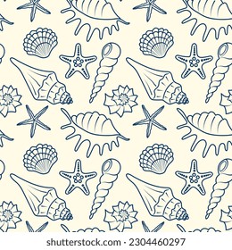 Seamless pattern from the outline of blue seashells on a yellow background. Summer sea background for printing on fabric, covers, brochures