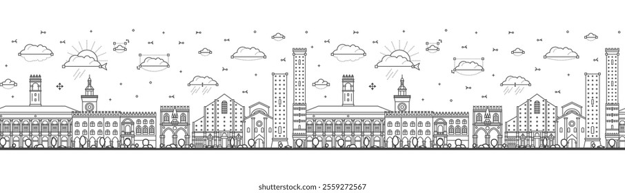 Seamless pattern with Outline Bologna Italy City Skyline with Historic Buildings Isolated on White. Vector Illustration. Bologna Cityscape with Landmarks.