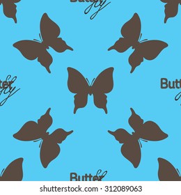 Seamless pattern with outline brown butterflies and exlusive text butterflyon blue background. Vector decorative illustration. 