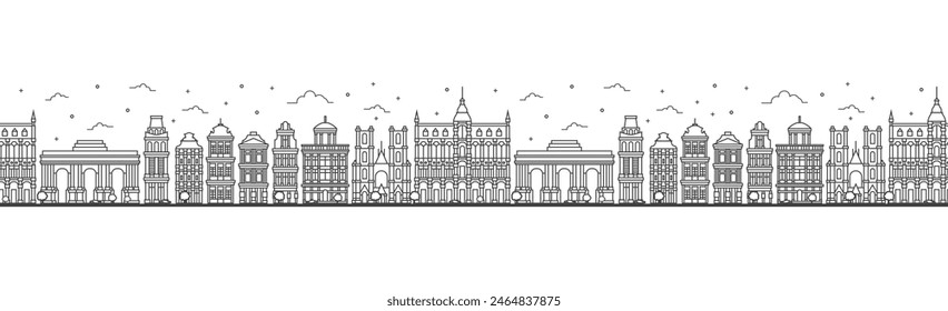 Seamless pattern with outline Brussels Belgium City Skyline. Historic Buildings Isolated on White. Vector Illustration. Brussels Cityscape with Landmarks.