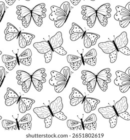Seamless pattern with outline butterflies. Collection of black and white flying insects. Vector background with butterflies silhouettes.