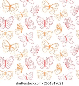 Seamless pattern with outline butterflies. Collection of pink and peach tones flying insects. Vector background with butterflies silhouettes. Perfect for textiles, wallpapers, gift wrap, baby products