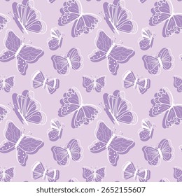 Seamless pattern with outline butterflies. Collection of purple tones flying insects. Vector background with butterflies silhouettes. Perfect for textiles, wallpapers.