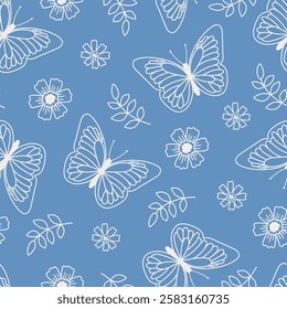 Seamless pattern with outline butterflies and flowers in minimalist style. Hand drawn vector illustration for textiles, wallpapers and wrapping paper.