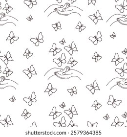 Seamless pattern. Outline butterflies fly out from palms of hands on white background. Line drawing, coloring book. Vector illustration. Zero discrimination day.