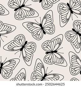 Seamless pattern with outline butterfly. Hand drawn illustration in sketch style.