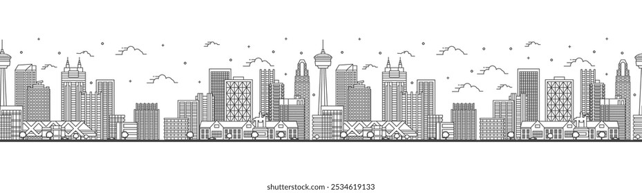 Seamless pattern with outline Calgary Canada City Skyline with Modern Buildings Isolated on White. Vector Illustration. Calgary Cityscape with Landmarks. 