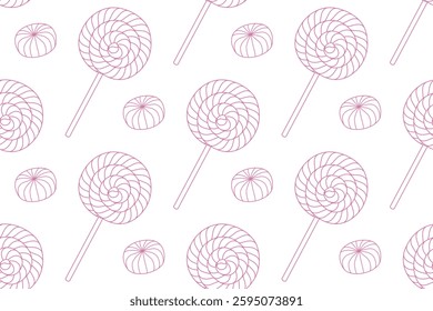 Seamless pattern with outline candies and lollipop. Abstract background with sweets. Linear pink twisted candies on sticks and sugar suckers, vector illustration