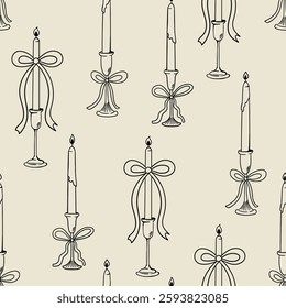 Seamless pattern with outline candles and bows. Vector hand drawn background in sketch style. Coquette vintage aesthetic
