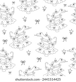 Seamless pattern outline cartoon color book snake character on a Christmas tree