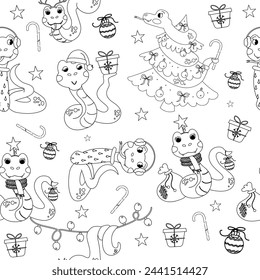 Seamless pattern outline cartoon color book character christmas snake