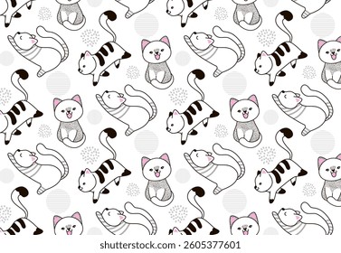 Seamless pattern of outline cats in funny poses. Seamless animal background, cute vector texture for bedding, fabric, wallpaper, wrapping paper, textile, t-shirt printing